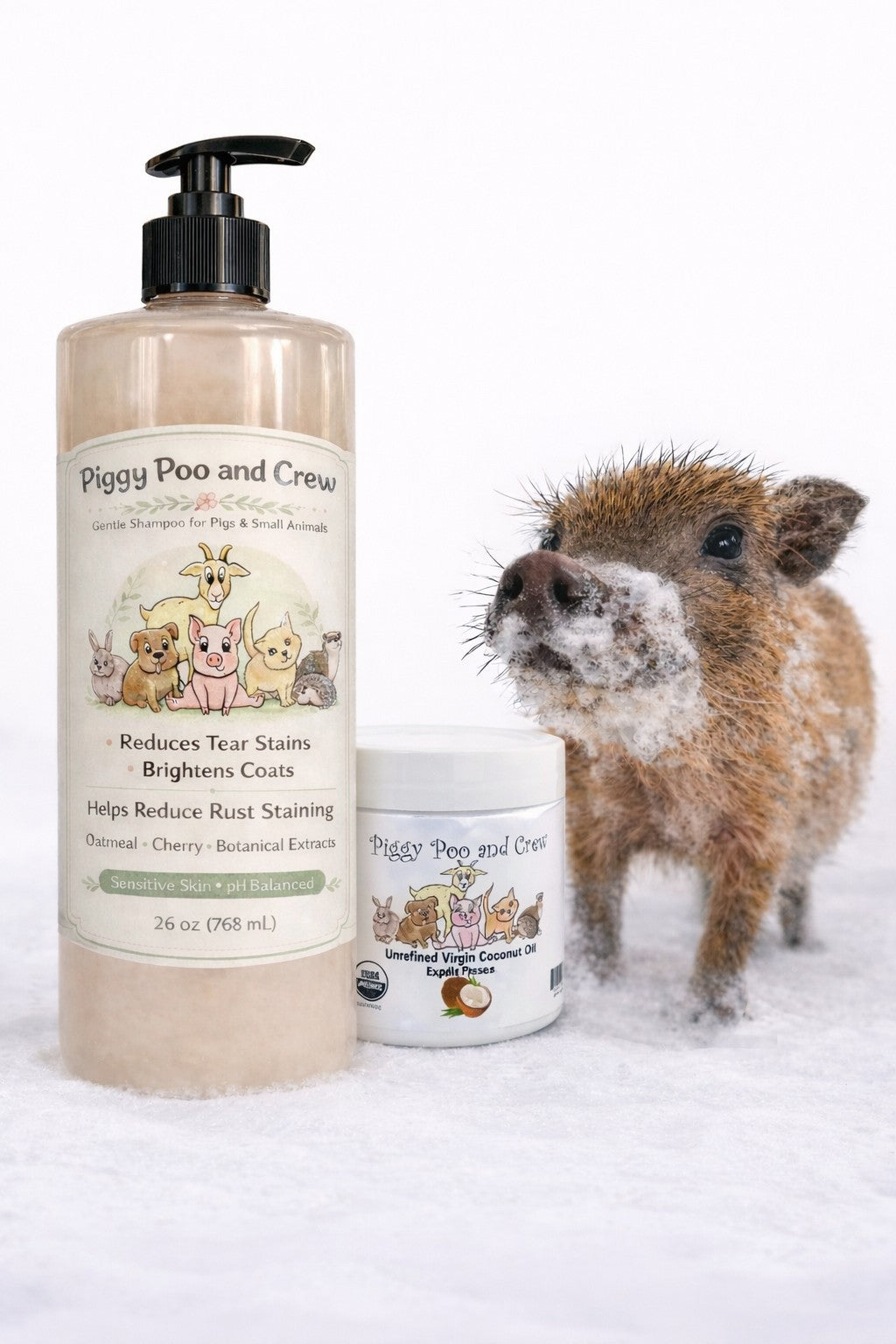 Piggy Poo and Crew Brightening Pet Shampoo and Coconut Oil Bundle, Oatmeal Cherry Scent, Gentle pH-Balanced, No Bleach, Peroxide or Alcohol for Pigs and Small Animals
