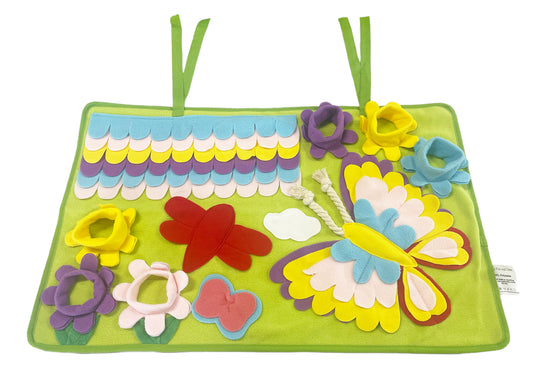 Piggy Poo and Crew Butterfly Snuffle Mat with a Paper Crinkle Squeaker and Rope